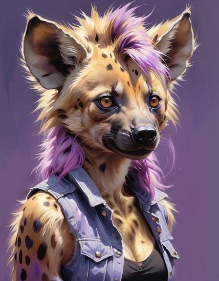 Gorgeous Furry Hyena with Flowing Purple Hair as Gouache