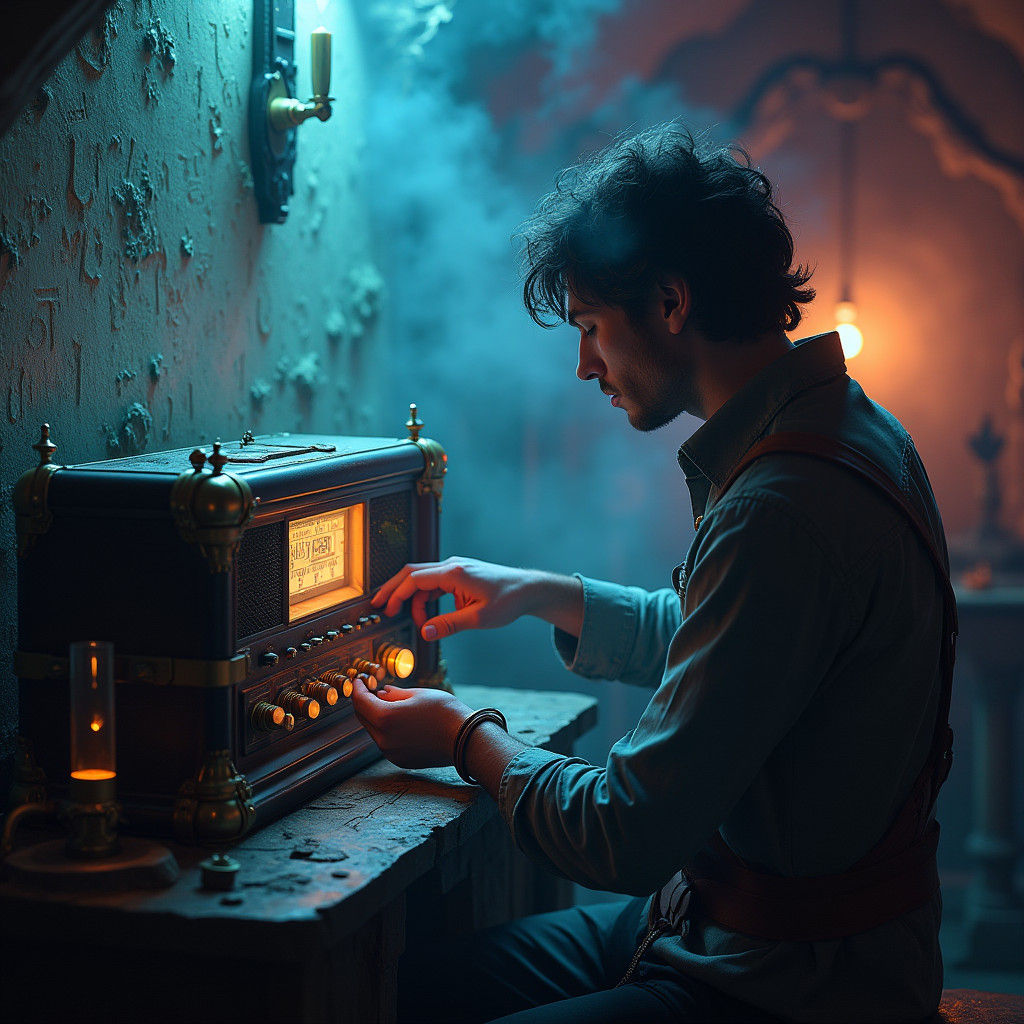 Steampunk Radio in Mystical Chamber, Dreamlike Art