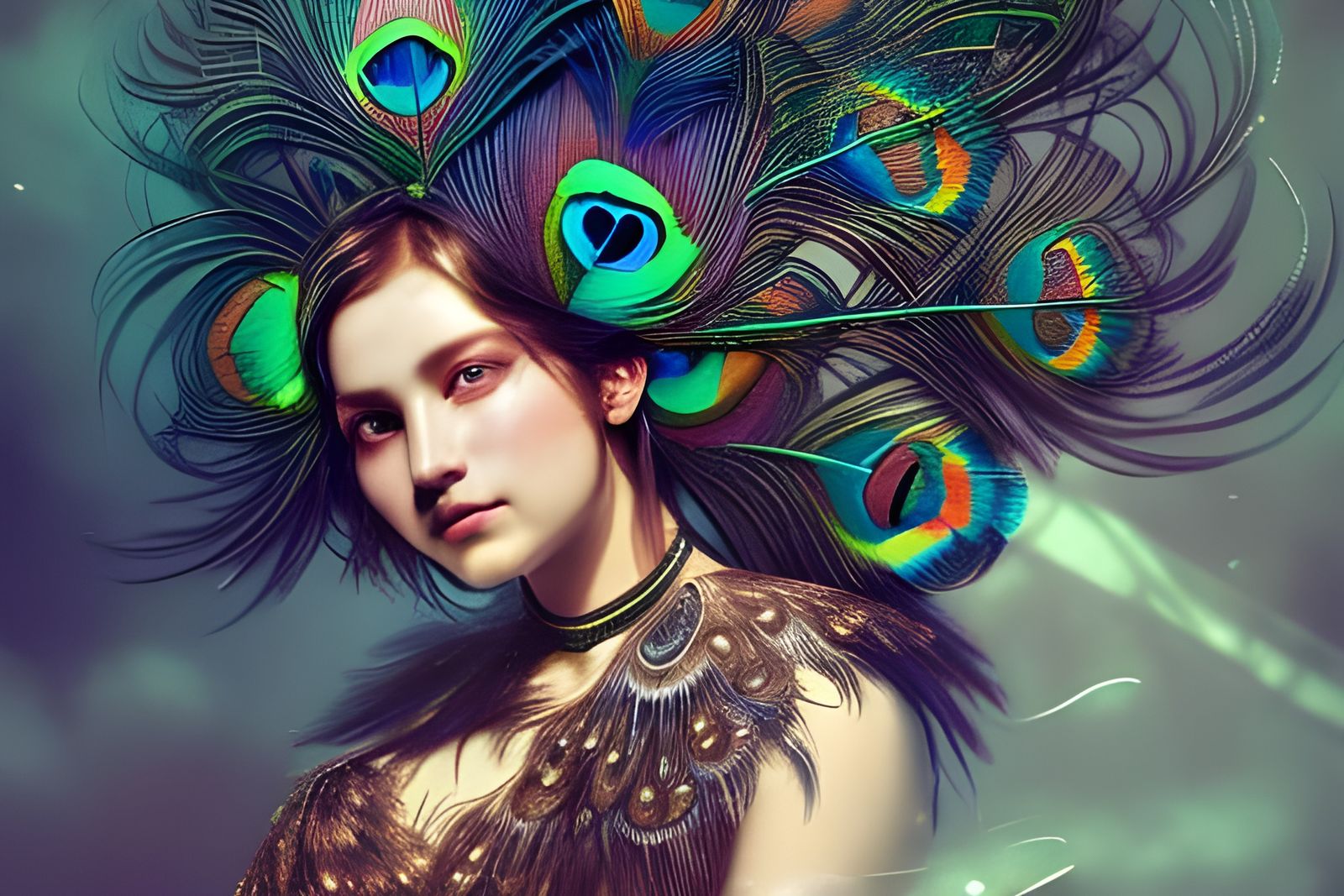 Peacock Feather Dress Portrait in Art Nouveau Style
