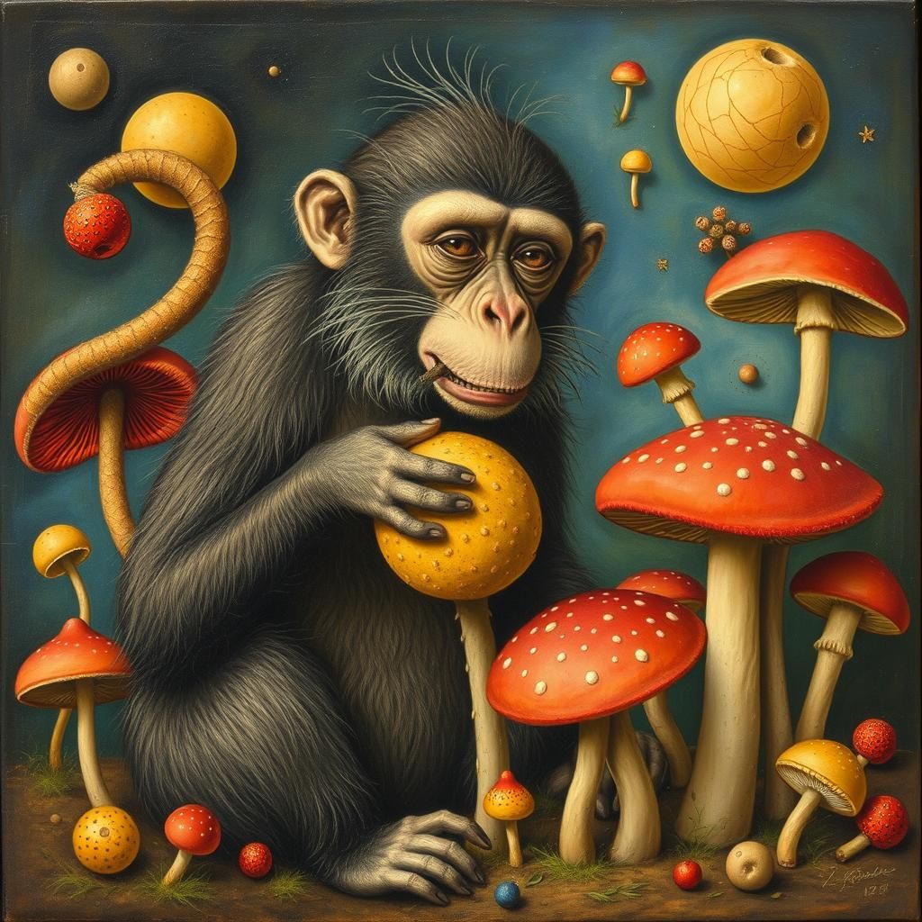 Monkey Munching Mushrooms: A Surreal Art Fusion
