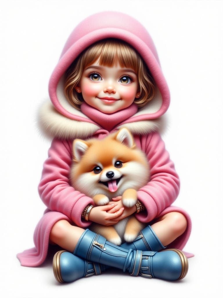 Joyful Girl With Pomeranian Puppy, Dreamy Watercolor Style