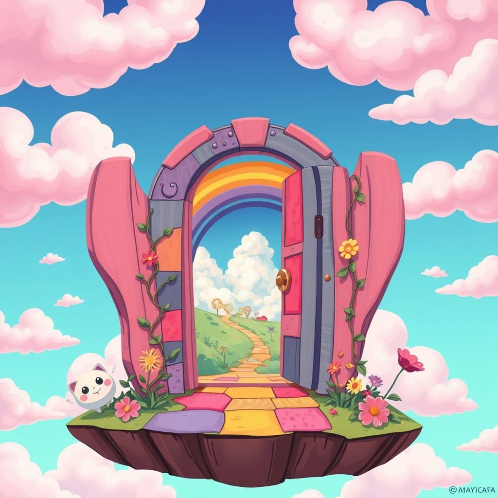 Floating Door to Dreamland: Whimsical Cartoon in Ghibli Styl...