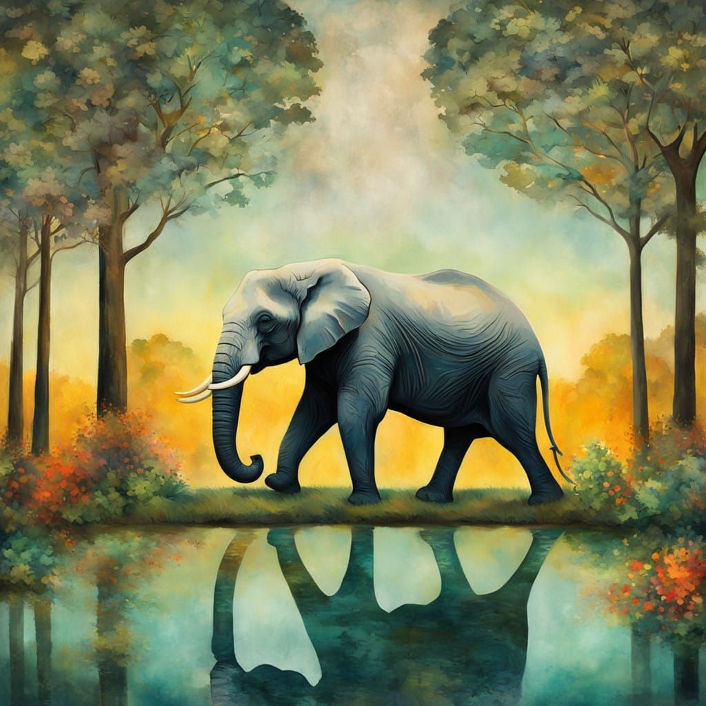 Serene African Elephant in Dreamlike Jungle Landscape, Gouac...