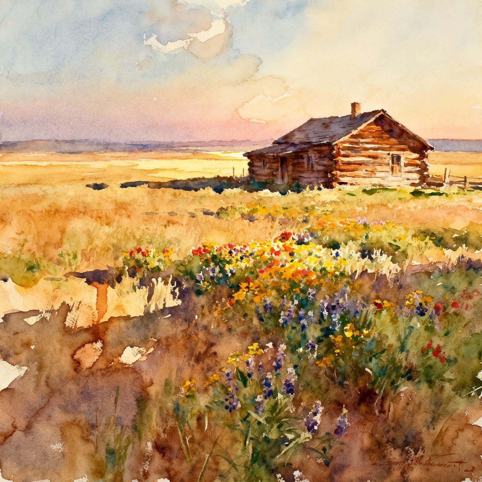 Rustic Log House on Prairie in Expressive Watercolor Style