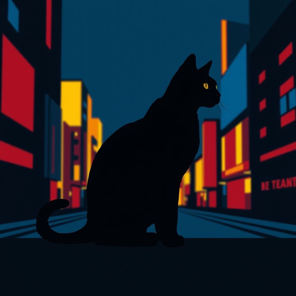 Sleek Black Cat in Neon-Lit Cityscape
