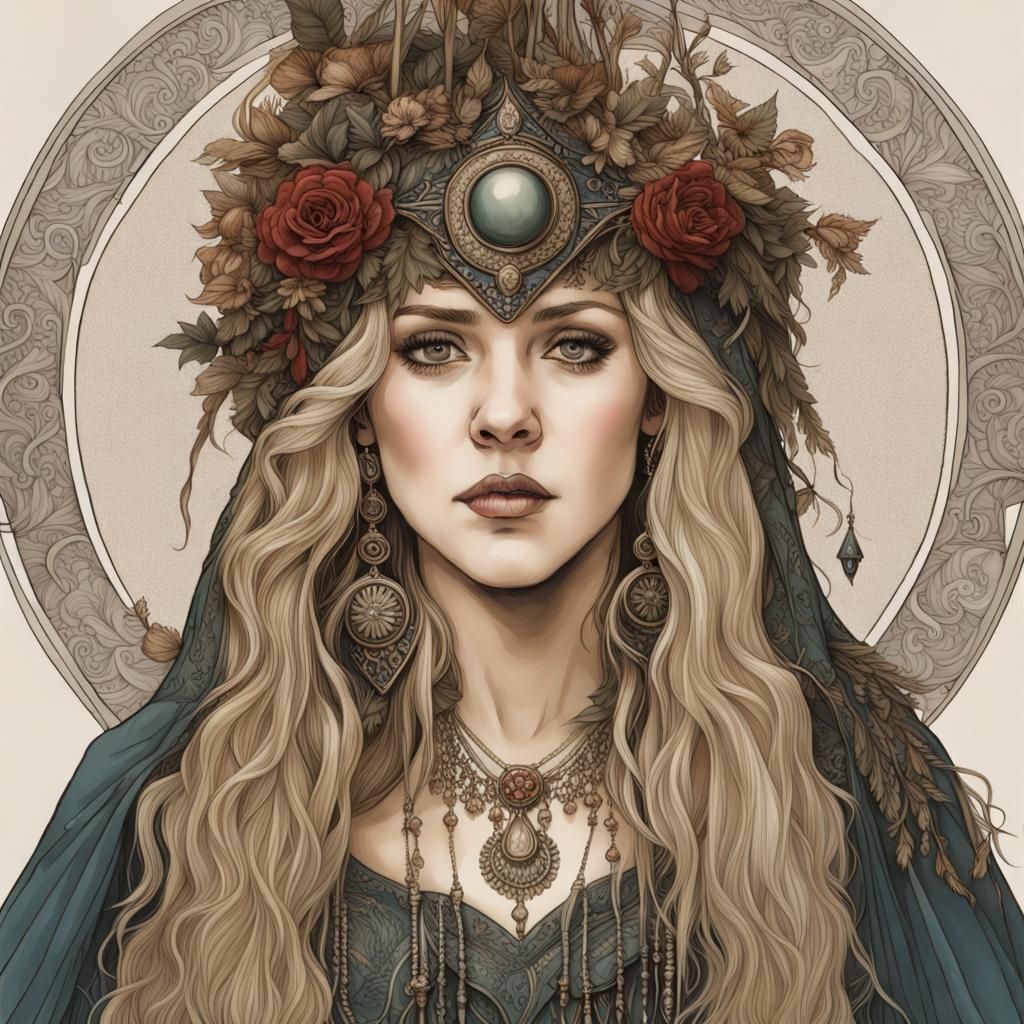 Elegant Wiccan Priestess Portrait in Digital Illustration