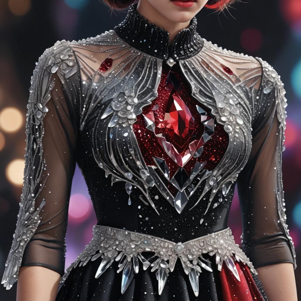 Crystalline Ruby Dress in Ballroom, Digital Art
