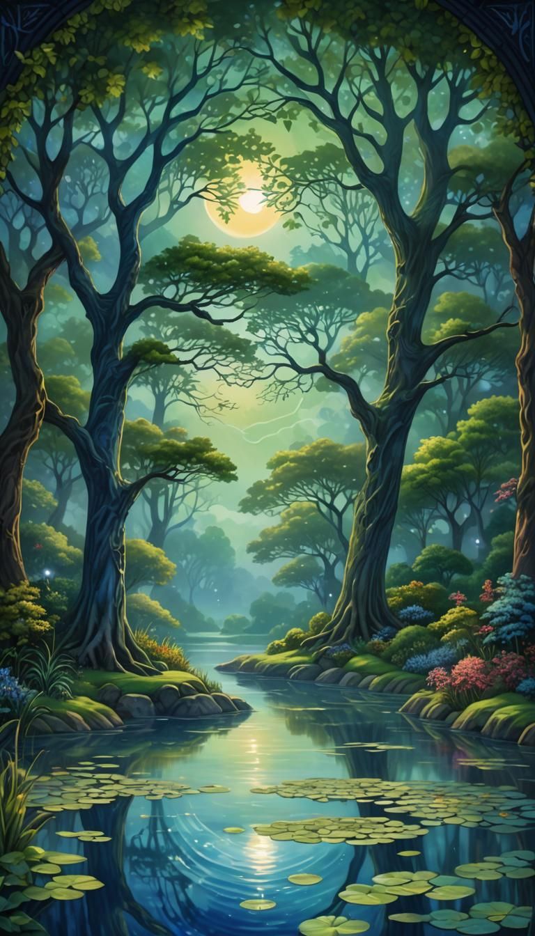Ethereal Fantasy Garden Landscape with Moonlight Reflection