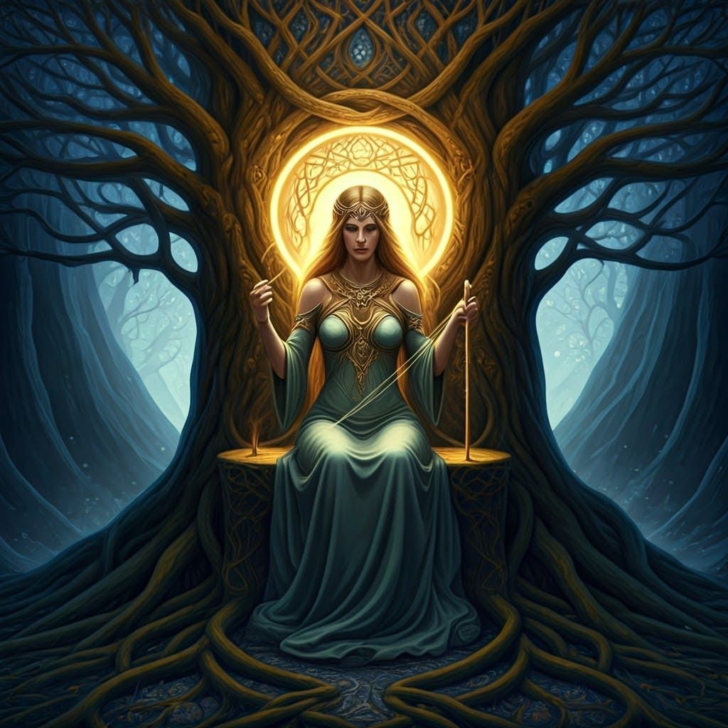Norns Weaving Fate beneath Yggdrasil's Boughs