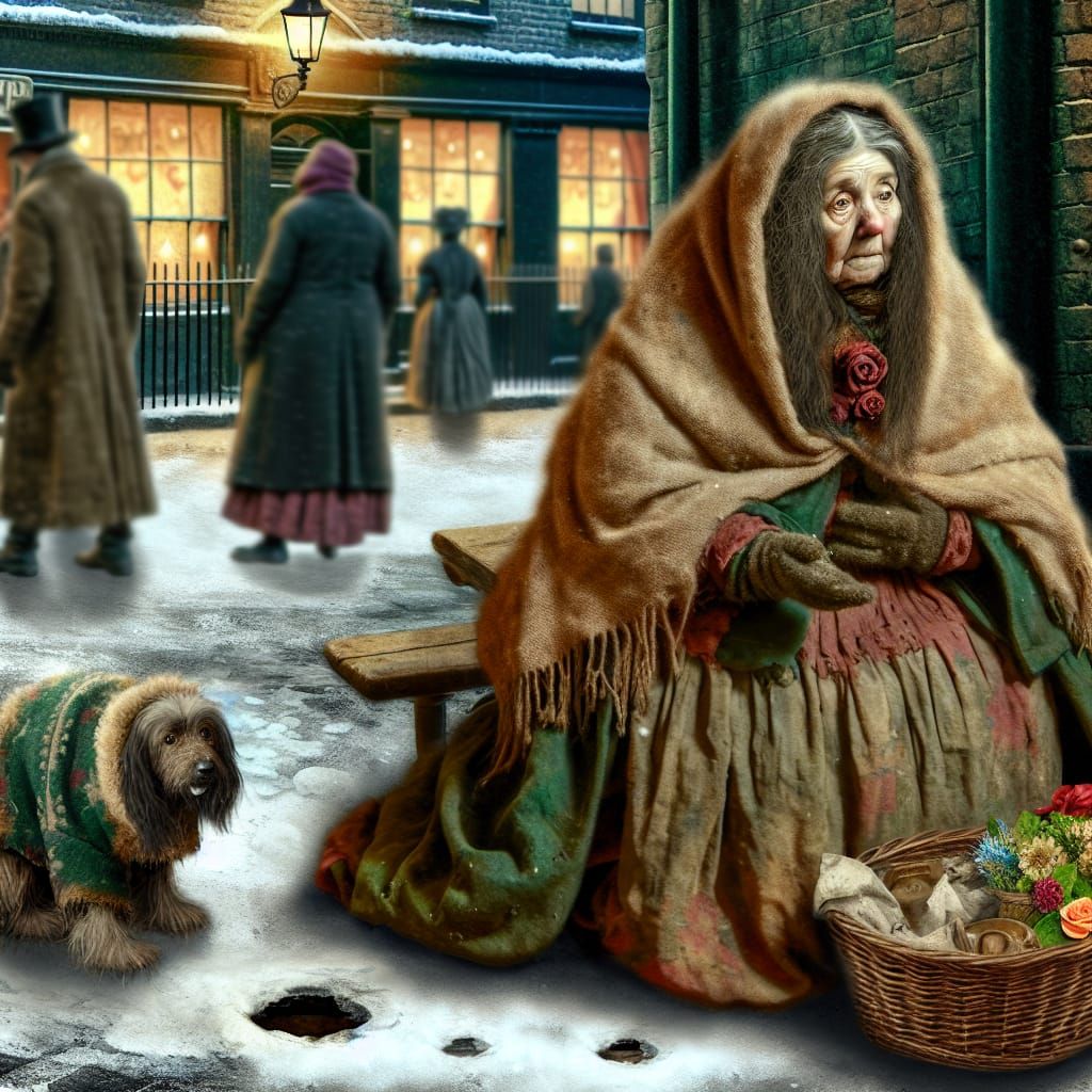 Victorian Woman with Dog Sells Lucky Flowers