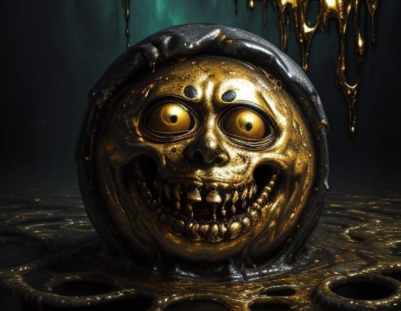 Nightmarish Clown Face in Molten Gold Liquid