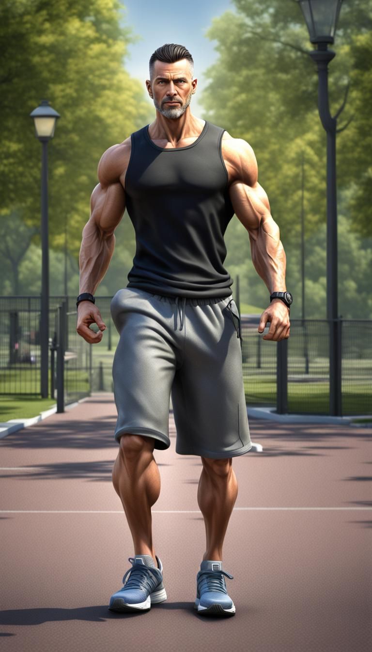 Muscular Man Jogging in Park, Photorealistic HDR