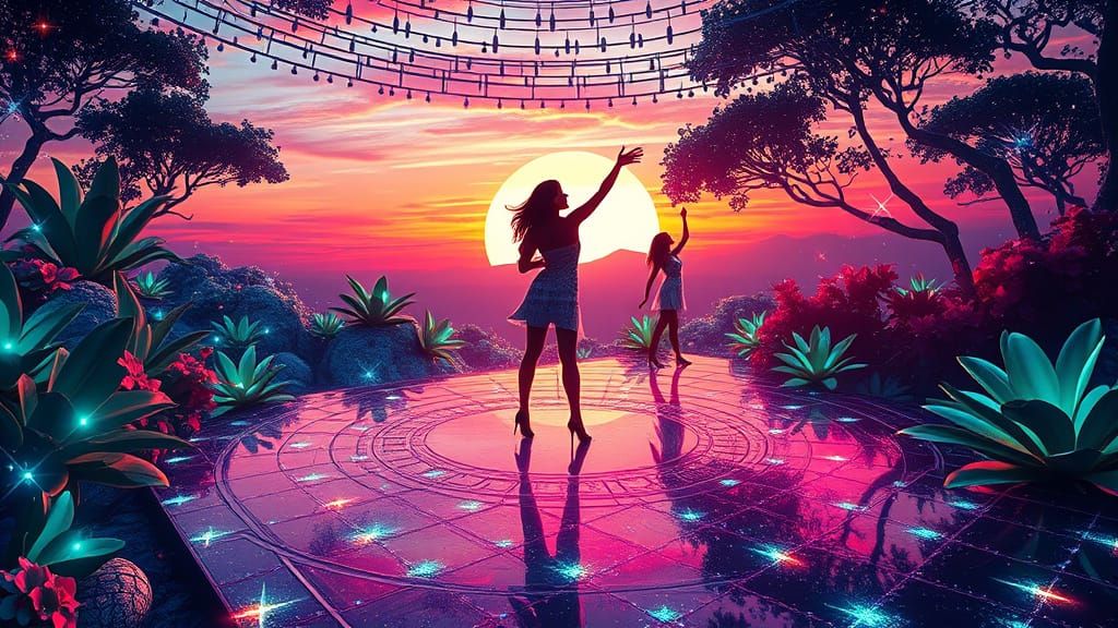 Glowing Disco Dreamscape in Vibrant Sunset Colors