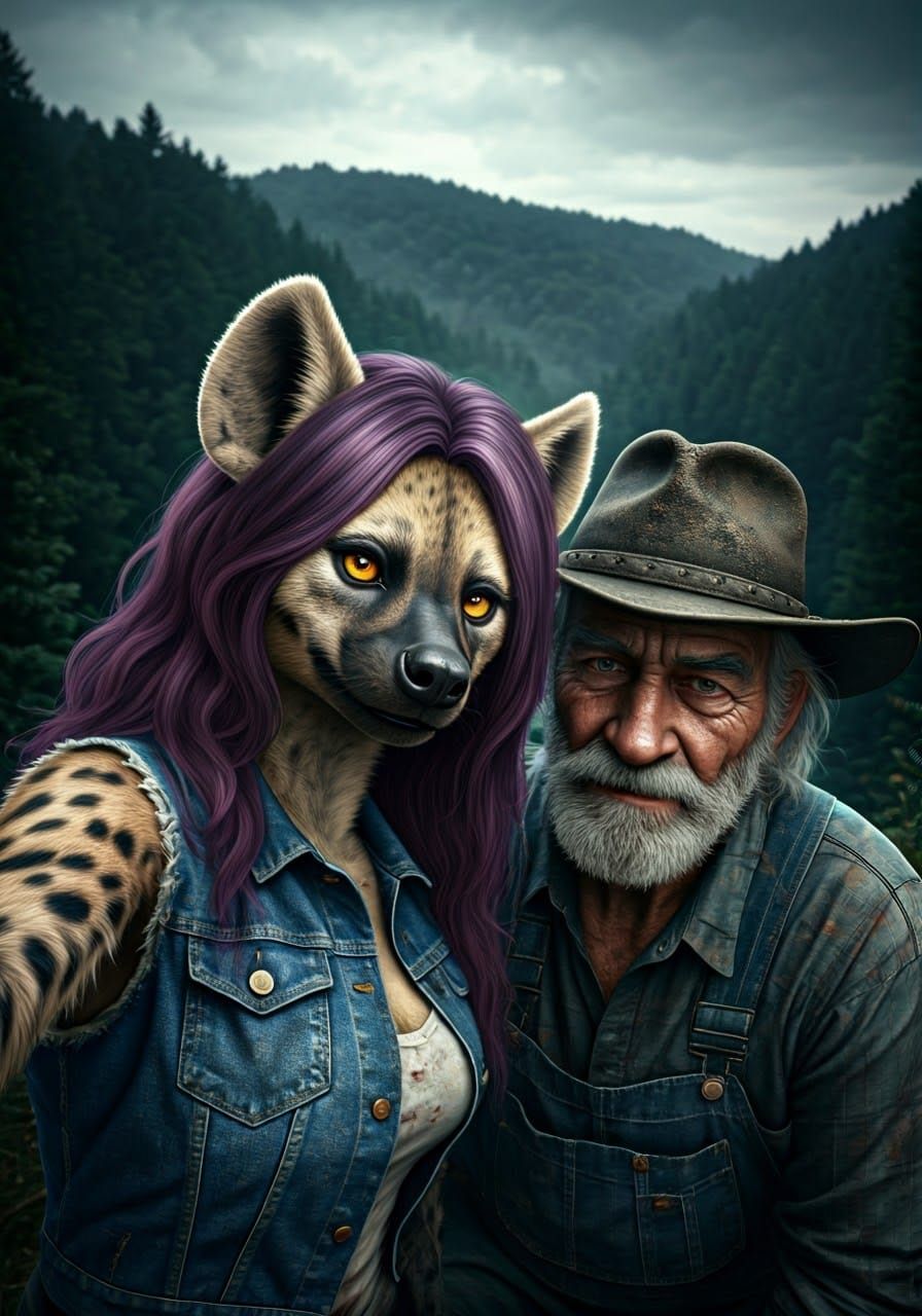 Anthropomorphic She-Hyena Shares a Secret with a Grizzled Hi...