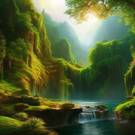 Lush Jungle Waterfall Scene in Digital Painting