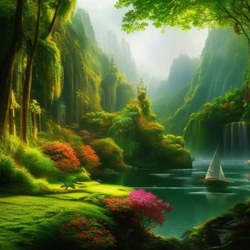 Lush Jungle Scene with Ship in Hyperdetailed Digital Paintin...