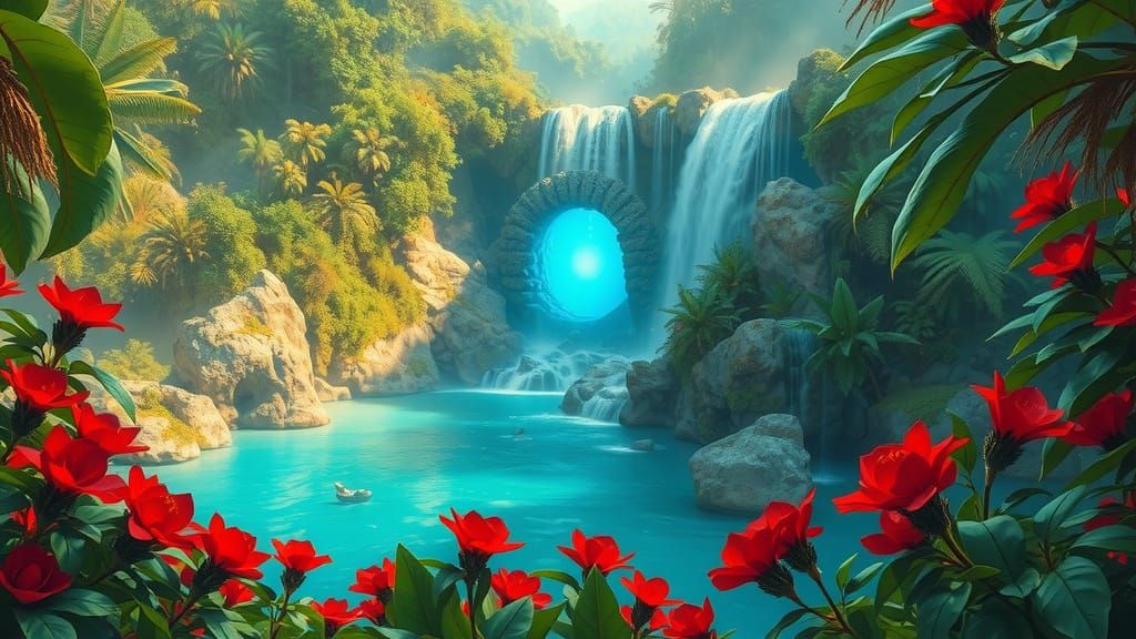 Mystical Portal at Waterfall Lagoon in Surreal Style