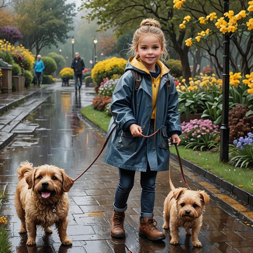Girl Walking Dog in Rainy Garden