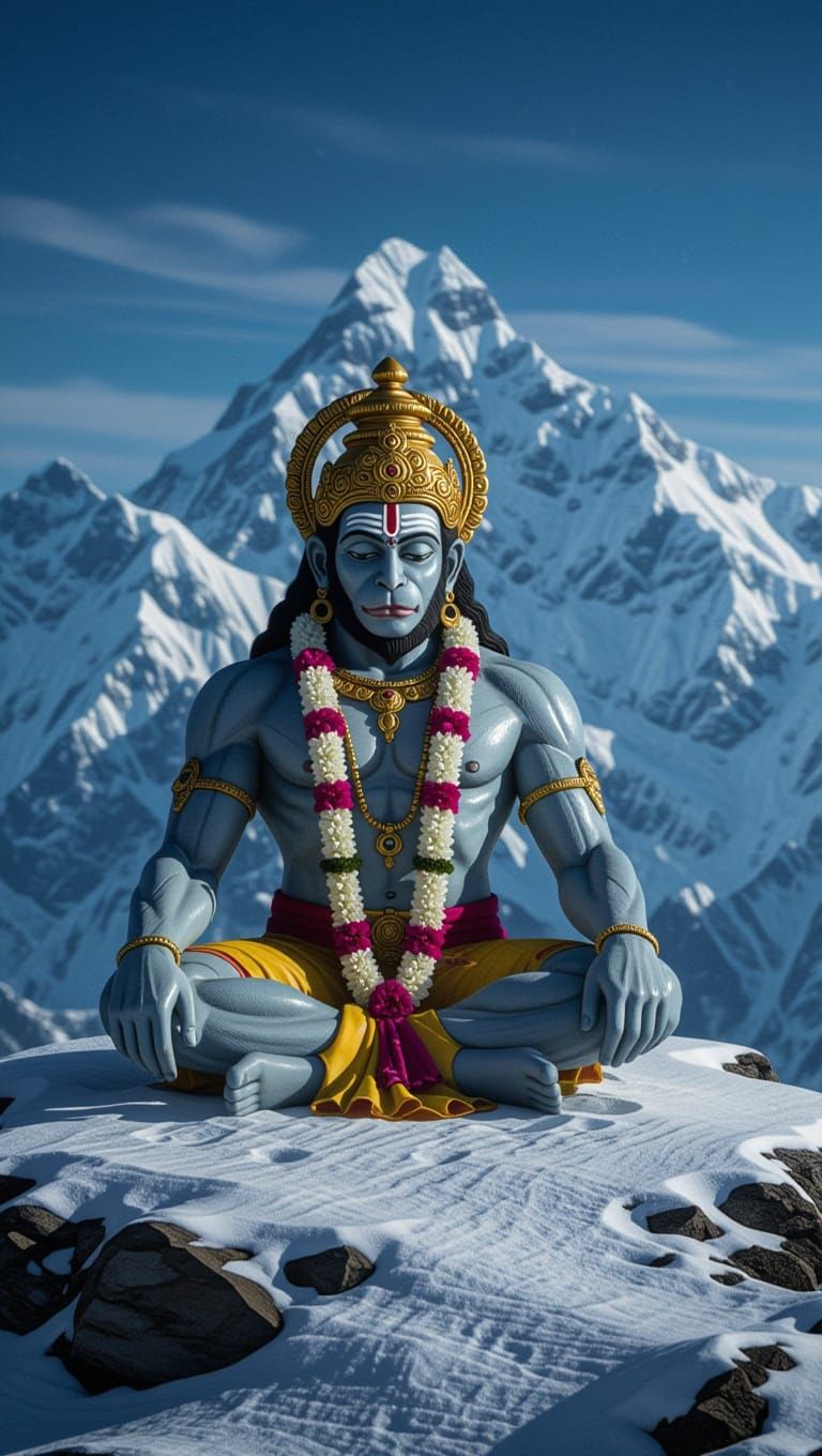 A Powerful Hanuman Meditating on a Snow-Covered Mountain