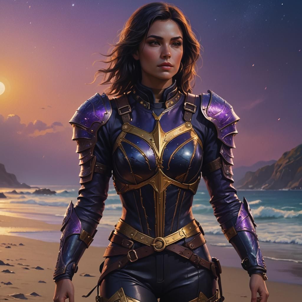 Dominant Woman in Leather Armor, Vibrant Oil Painting