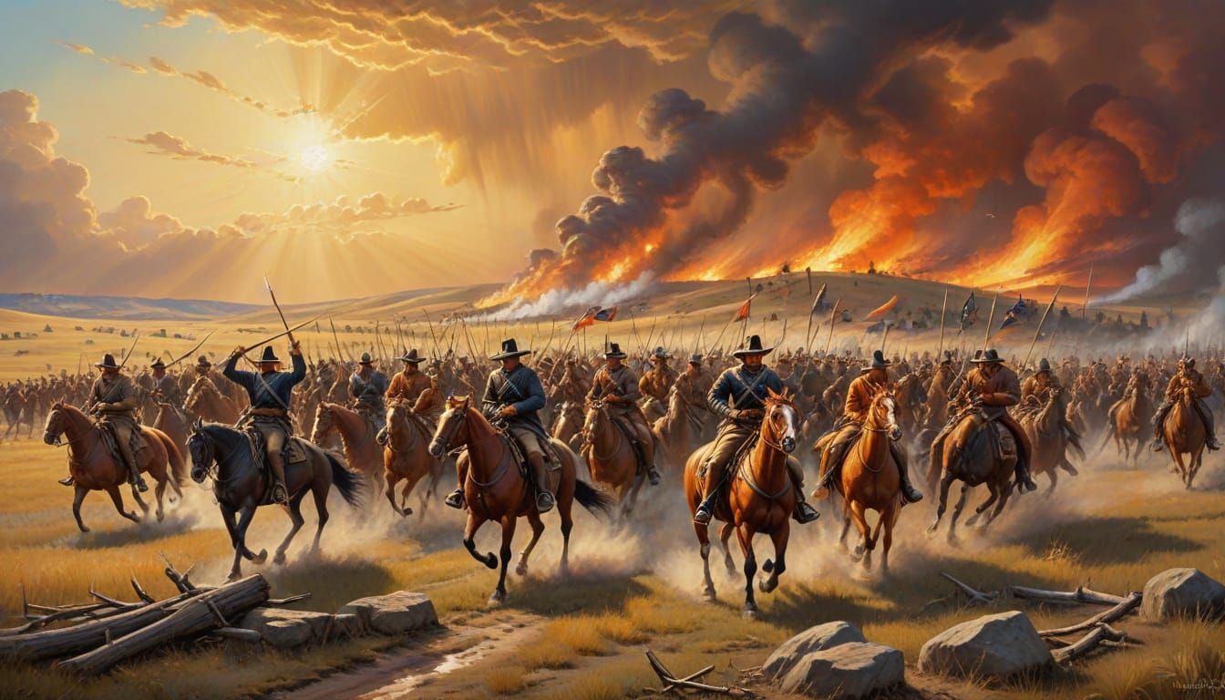 Riding into battle - oil painting in the style of Grant Wood