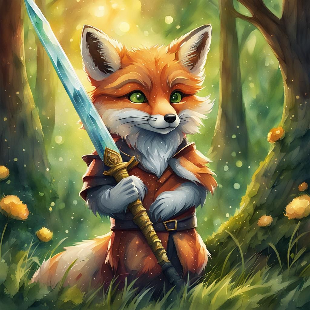 Adorable Fox with Sword in Watercolor Style