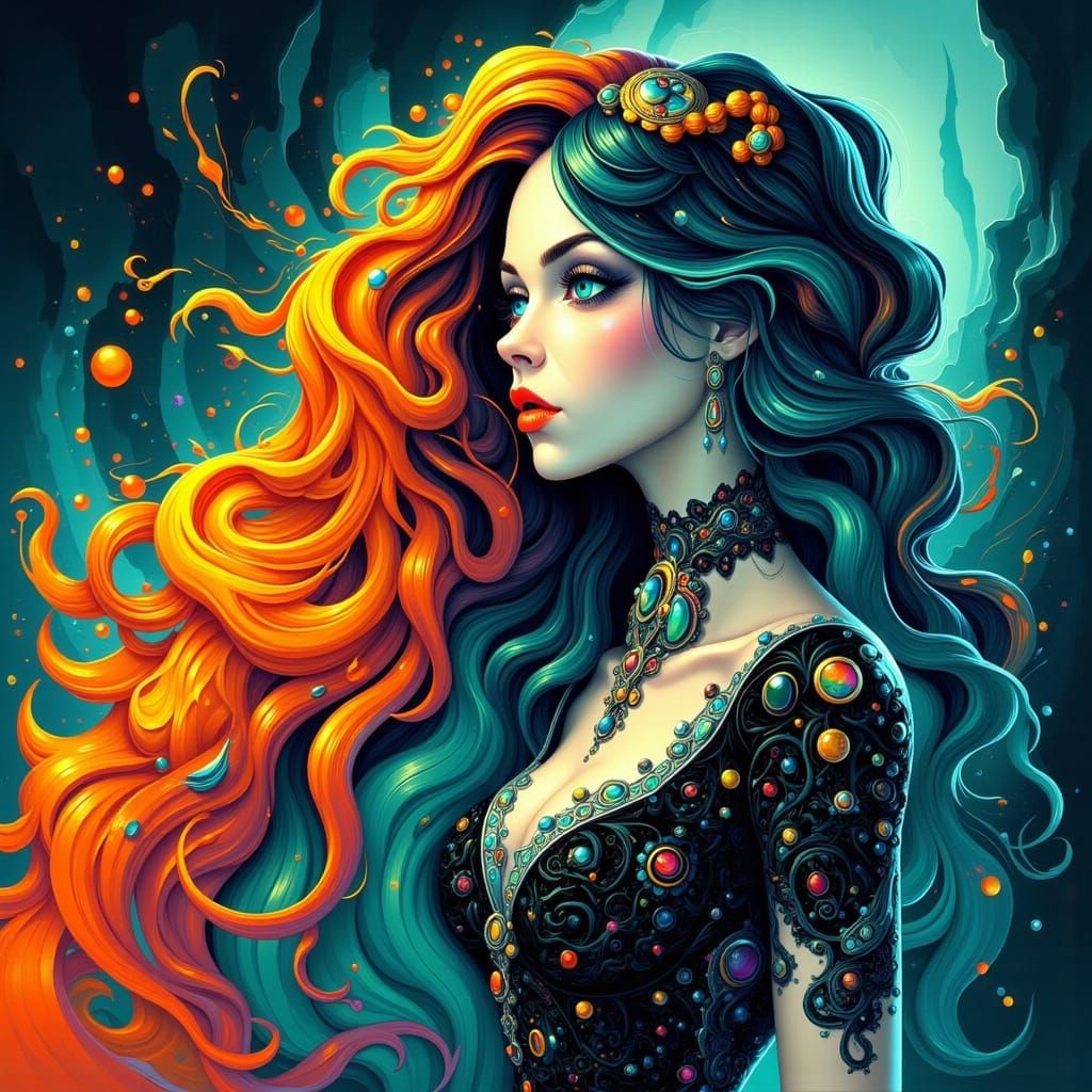 Elegant Woman with Ombre Hair in Vibrant Cartoon Style