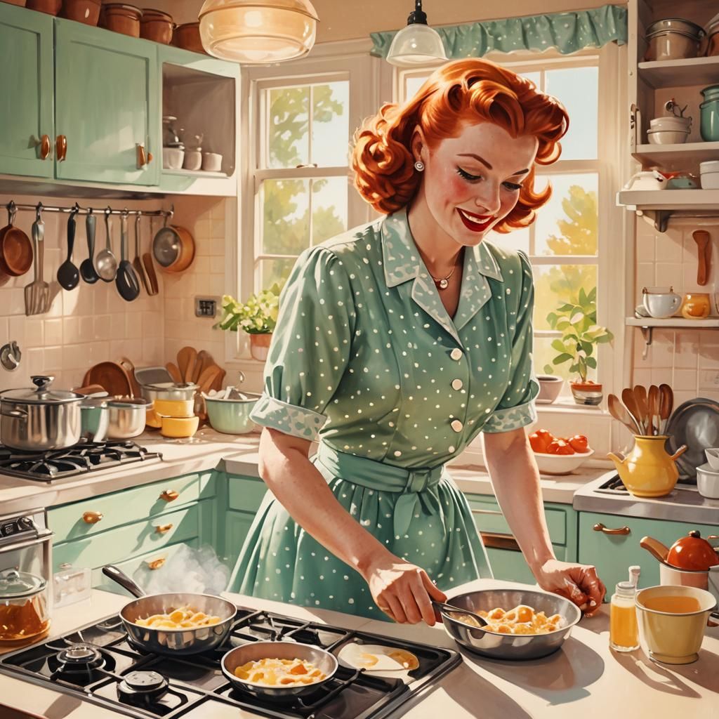 Vintage Pinup Housewife in Sunny Kitchen, Gouache Art