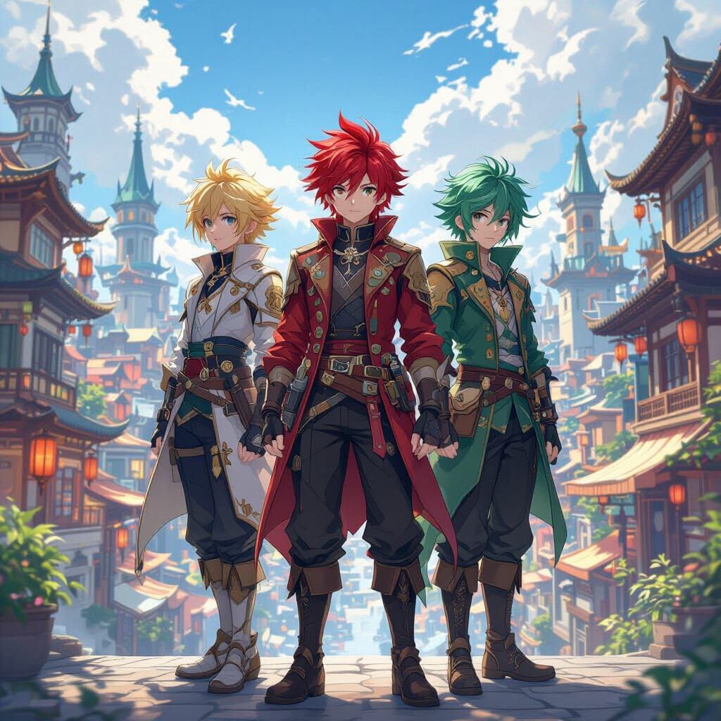 Anime Boys in Vibrant Fantasy Cityscape