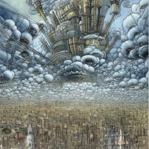 Psychedelic Metropolis Dominated by Fluffy Clouds