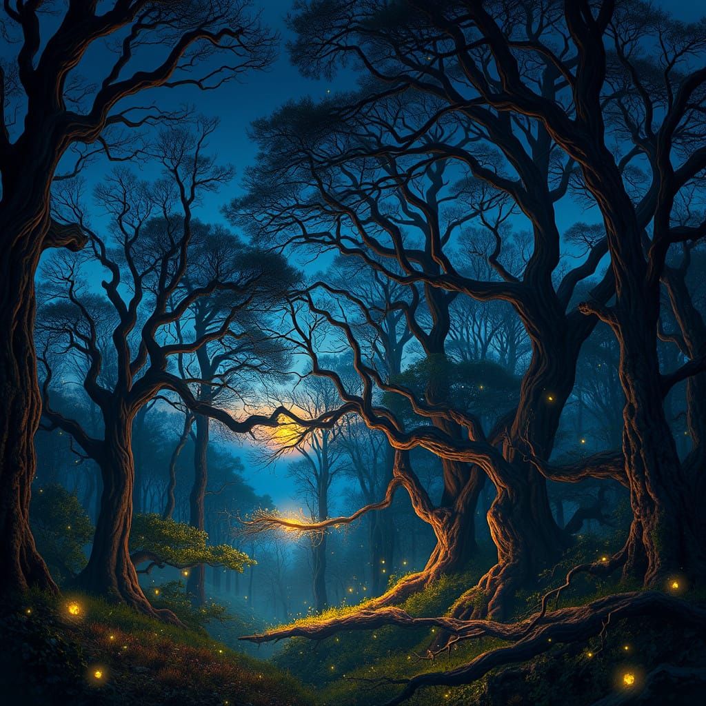 Whimsical Twilight Forest Amidst a Sea of Fireflies