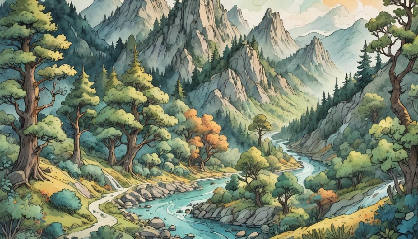 Doodle Fantasy Landscape in Watercolor Style