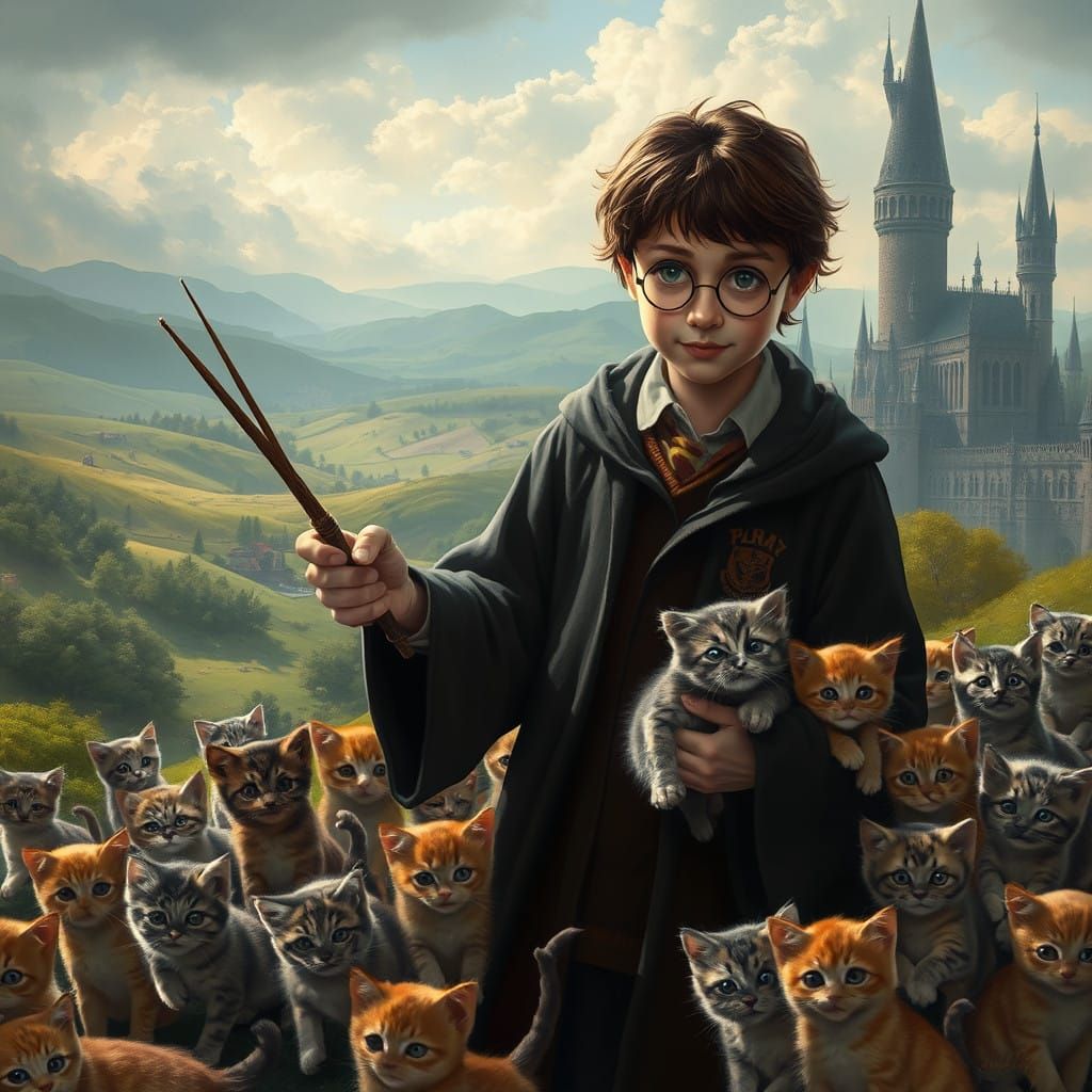 Magical Wizard Surrounded by Whimsical Kittens in Dreamlike...