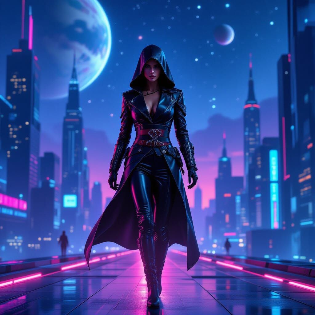 Futuristic Assassin in Neon Cityscape, Cyberpunk Style