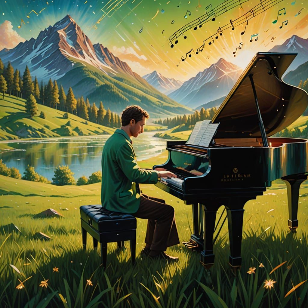 Man Plays Piano at Dawn: Cinematic Oil Painting