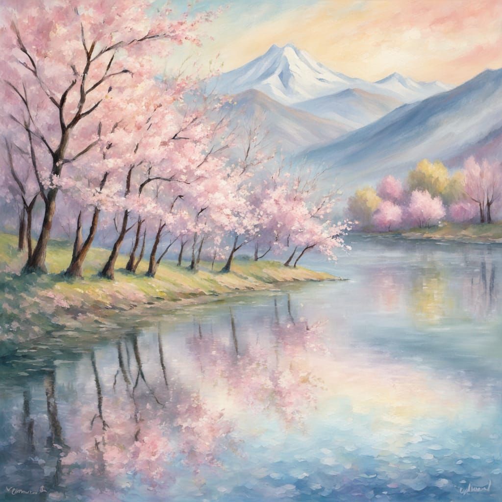 Impressionist Cherry Blossom Landscape with Serene Lake