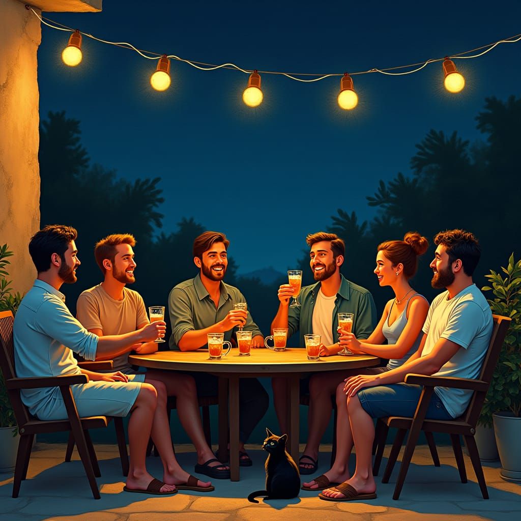 Friends Gather on Terrace in Impressionistic Style