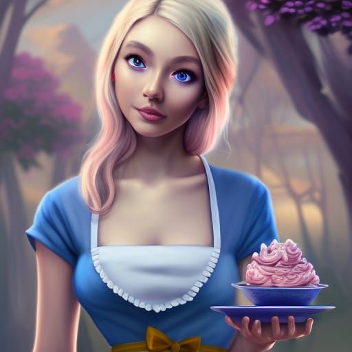 Blonde Maid and Pink Cat in Wonderland