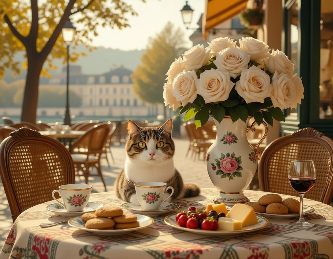 Whimsical Cat at French Cafe in Film Style