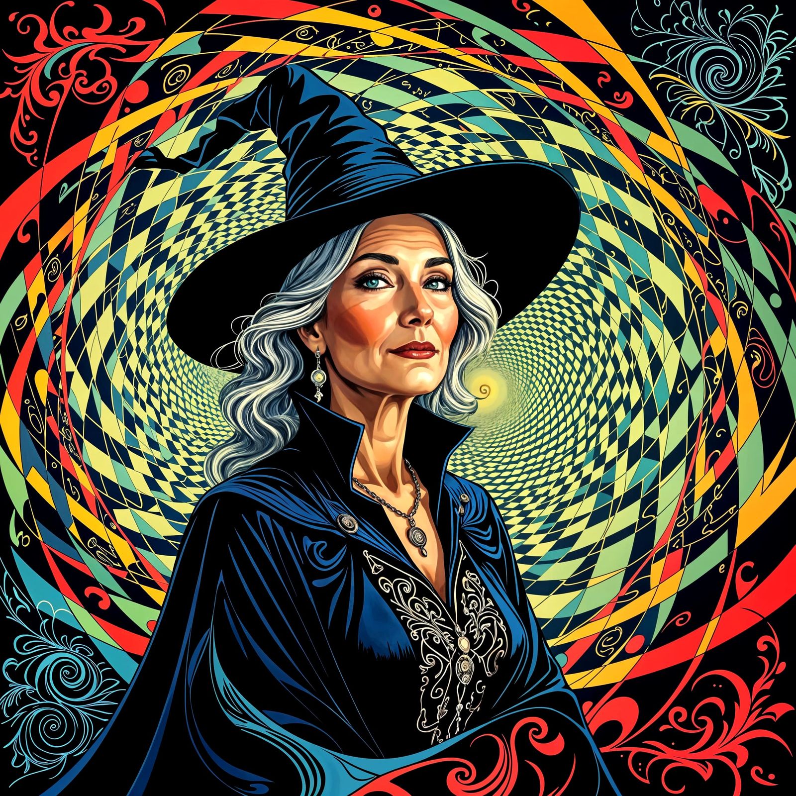 Surreal Witch in Spiral World Optical Art Portrait