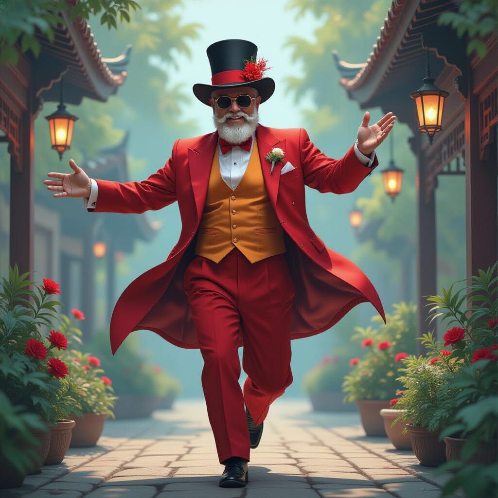 Energetic Gentleman Bouncing in Dreamlike Digital Art