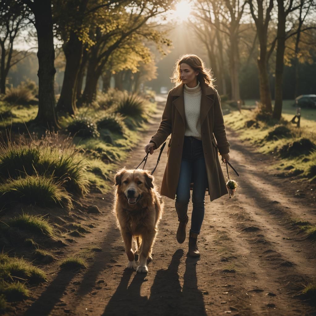 Woman and Dog in Cinematic Film Noir Style