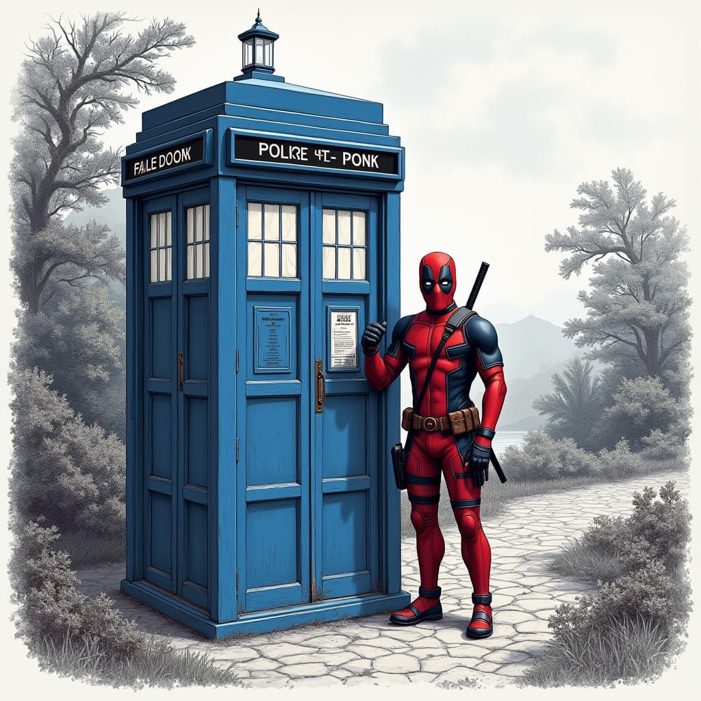 Deadpool Stands Beside a Blue Police Booth in a Rustic Count...