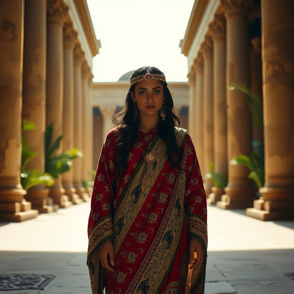 Babylonian Woman in Sun-Drenched Temple Courtyard