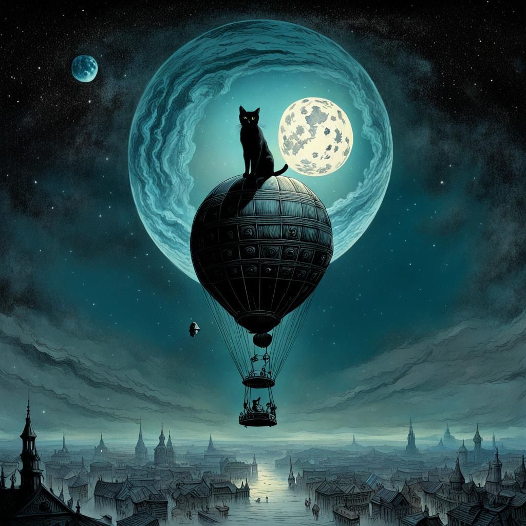 Cat Floats Through Space in Dark Fantasy Style