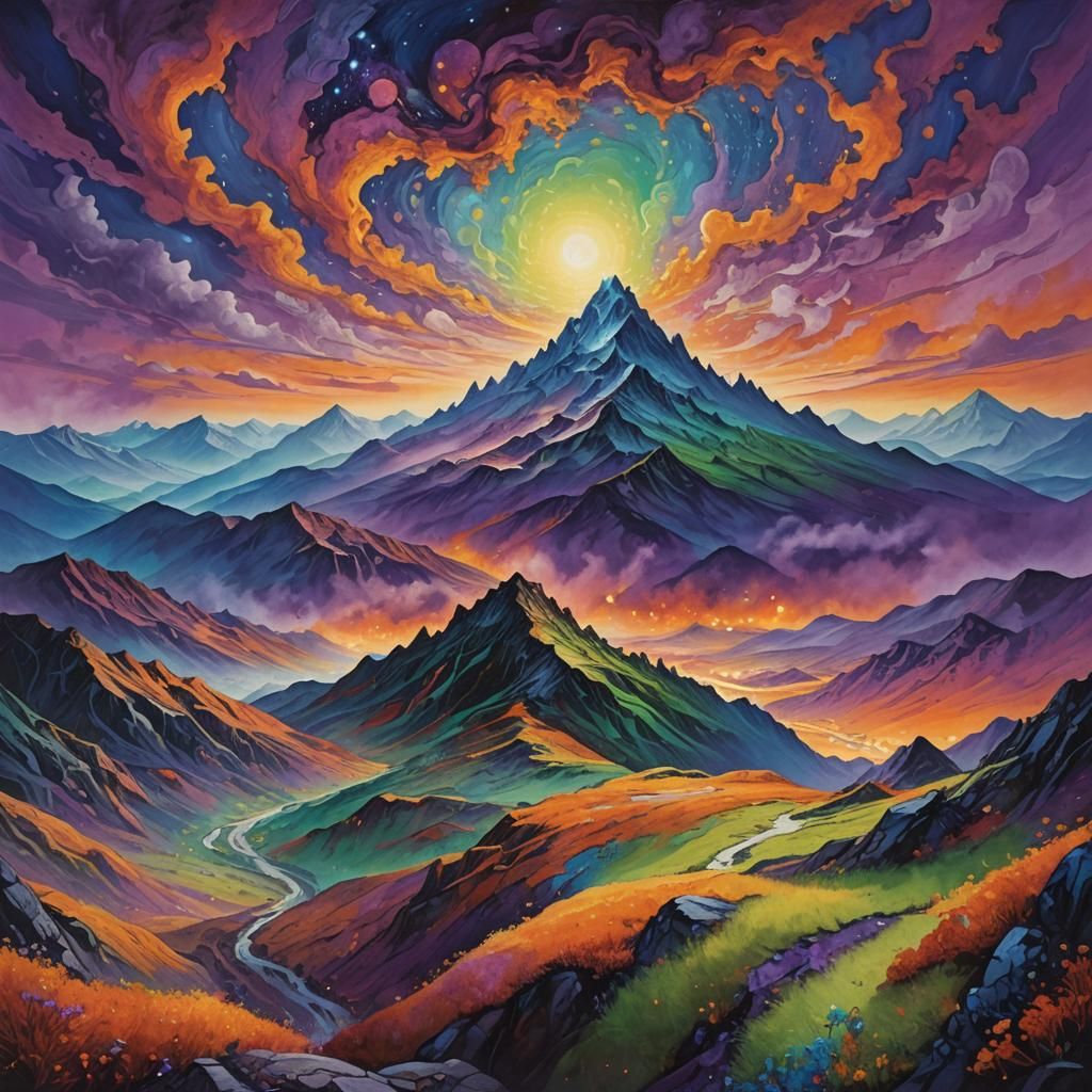 Mystical Mountainscape with Glowing Eyes in Expressionist Co...