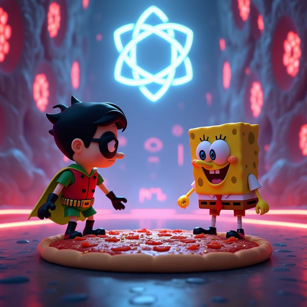 Neon Arena Showdown: Robin vs. SpongeBob in 3D Animation