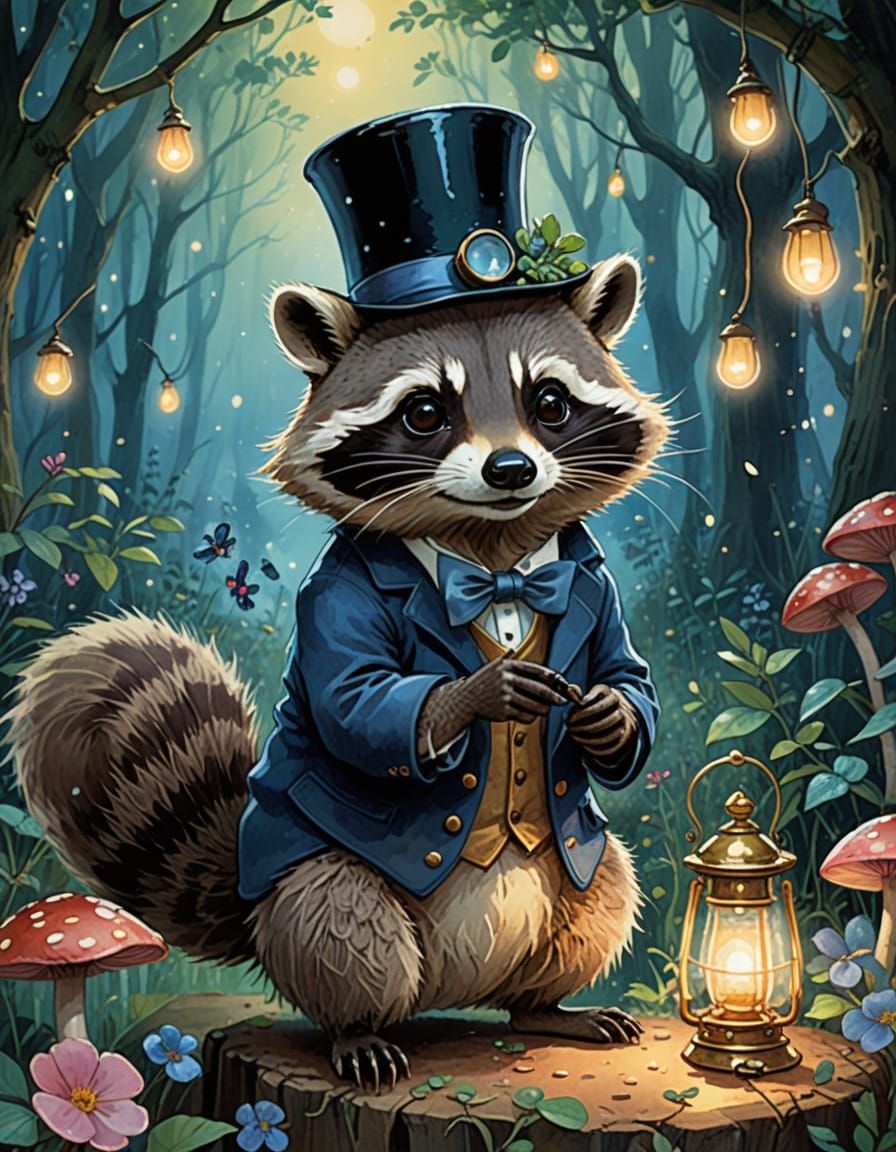 Raccoon Rides Blueberry in Whimsical Watercolor Forest