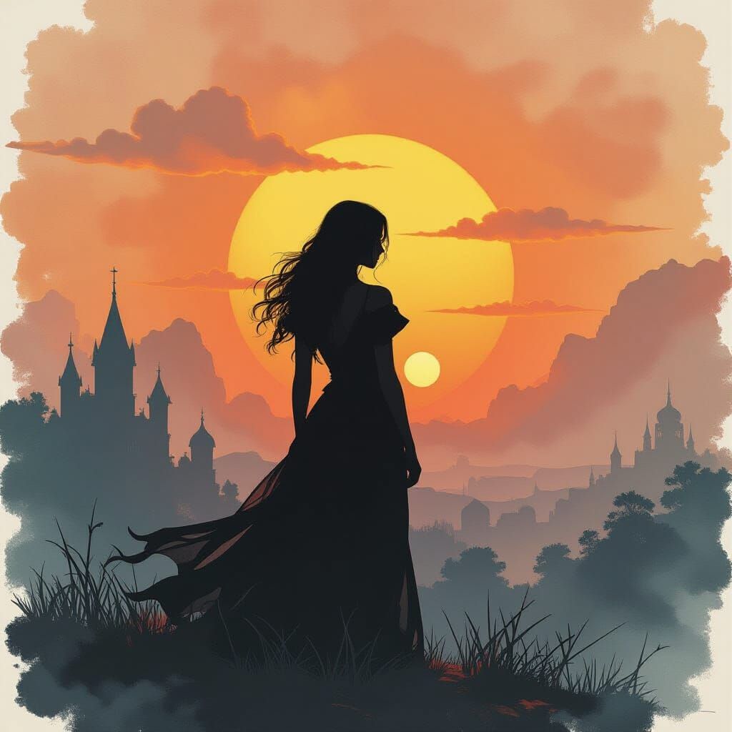 Woman Silhouetted Against Gothic Sunset in Watercolor