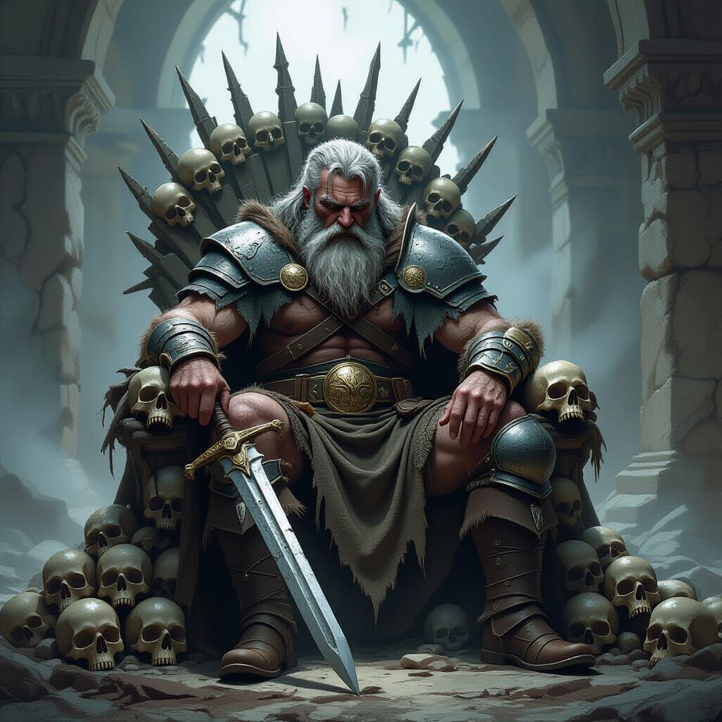 Old Barbarian King on Skull Throne in Comic Style